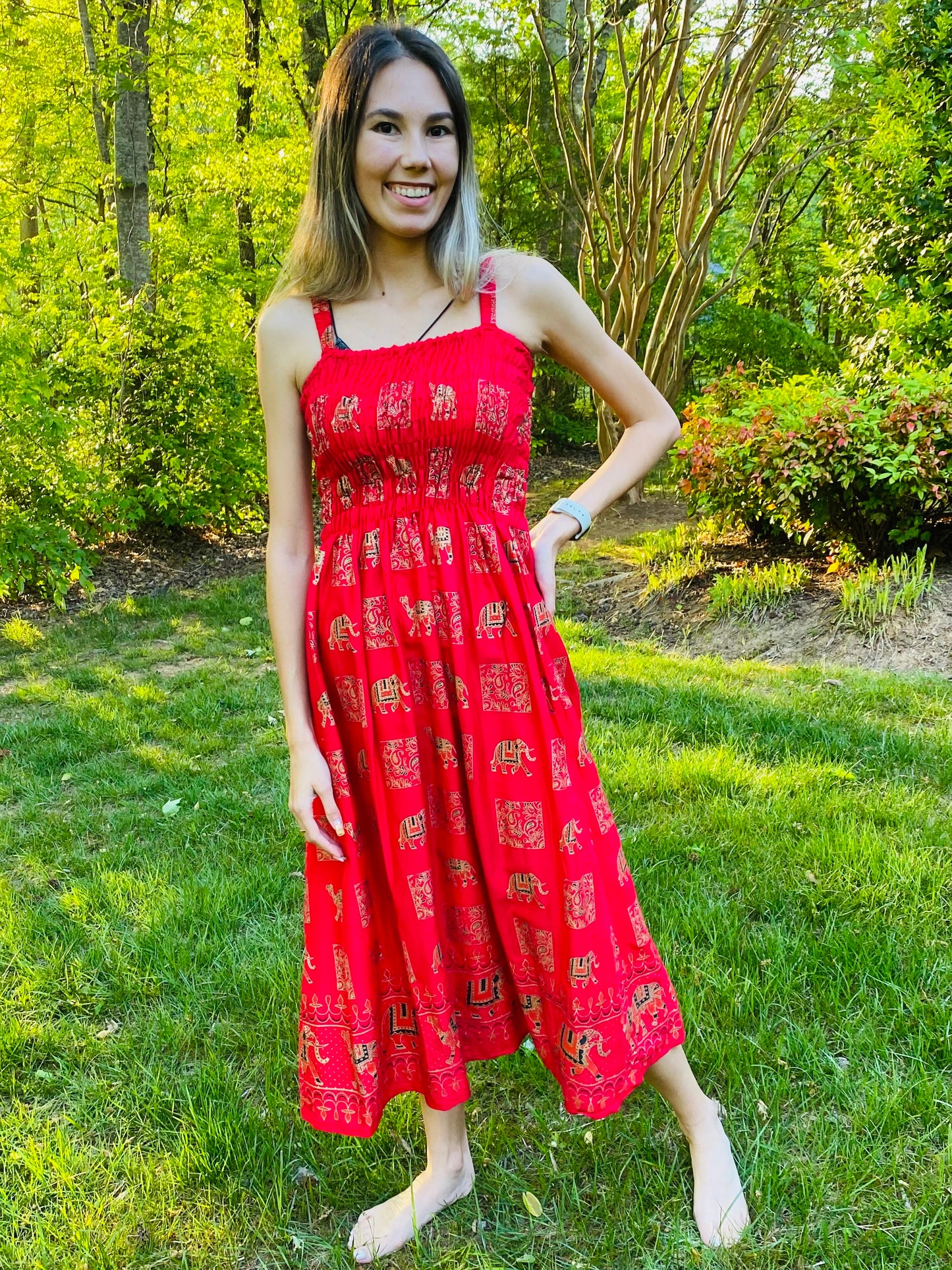 SUMMER DRESS- RED WITH ELEPHANT BLOCK PRINT