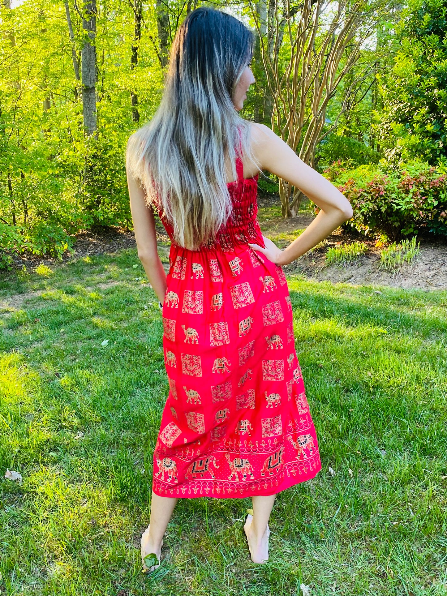 SUMMER DRESS- RED WITH ELEPHANT BLOCK PRINT