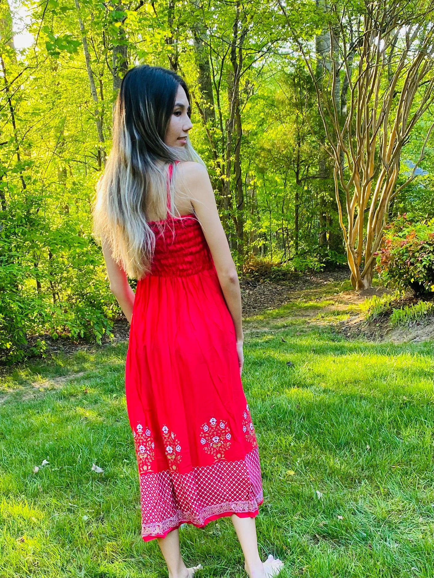 SUMMER DRESS- RED FLORAL WITH DIAMOND BORDER