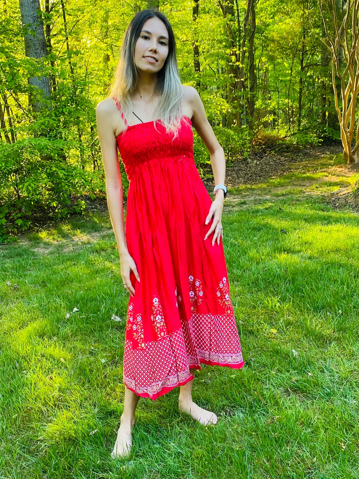 SUMMER DRESS- RED FLORAL WITH DIAMOND BORDER