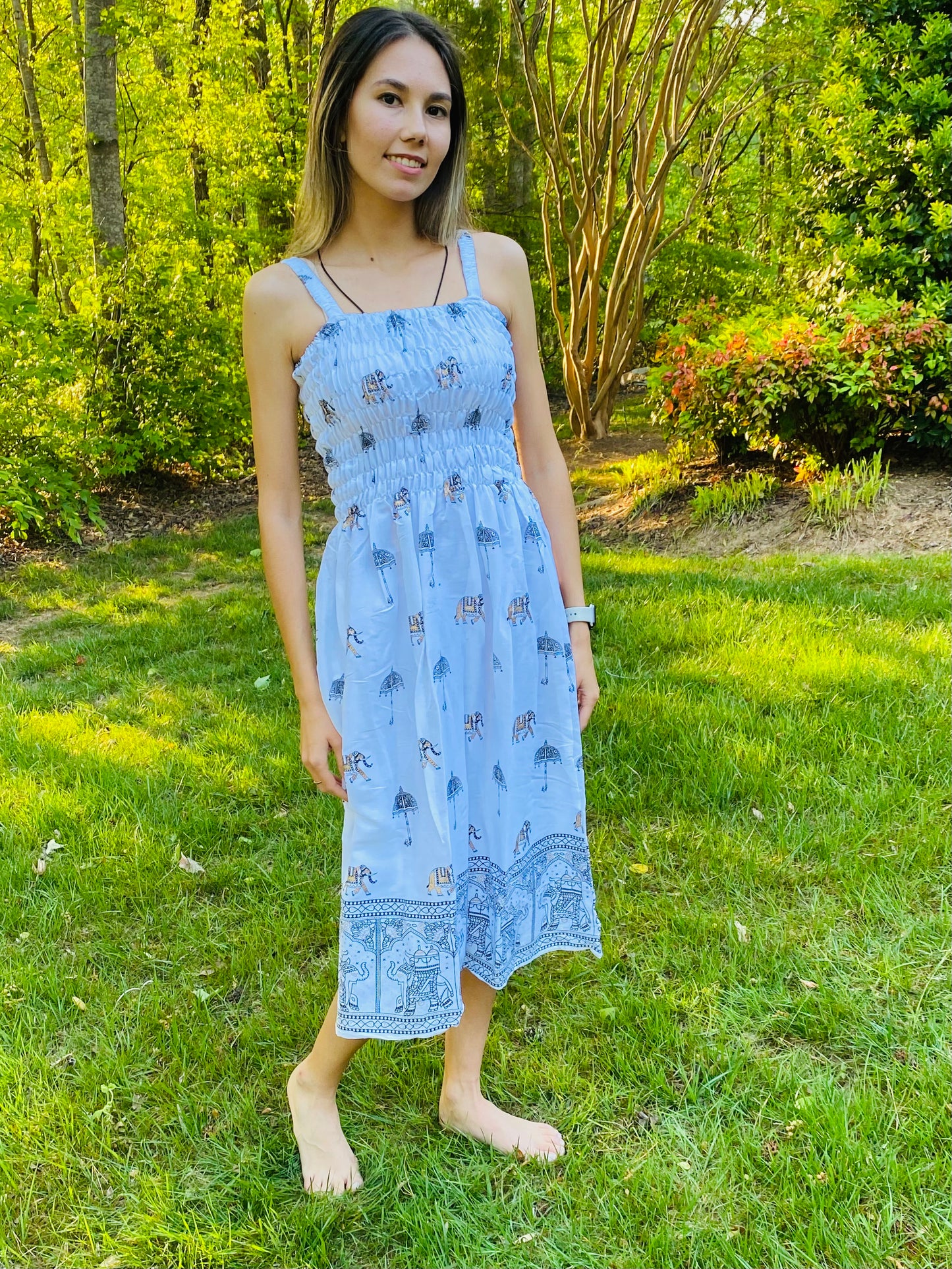 SUMMER DRESS- WHITE WITH ELEPHANT BLOCK PRINT