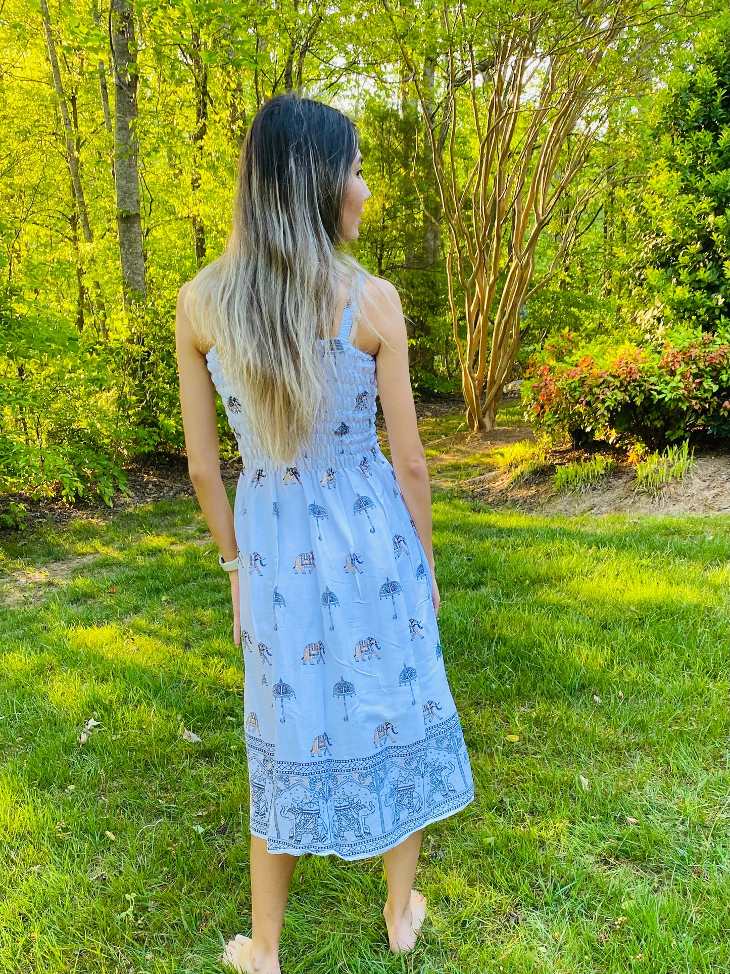 SUMMER DRESS- WHITE WITH ELEPHANT BLOCK PRINT