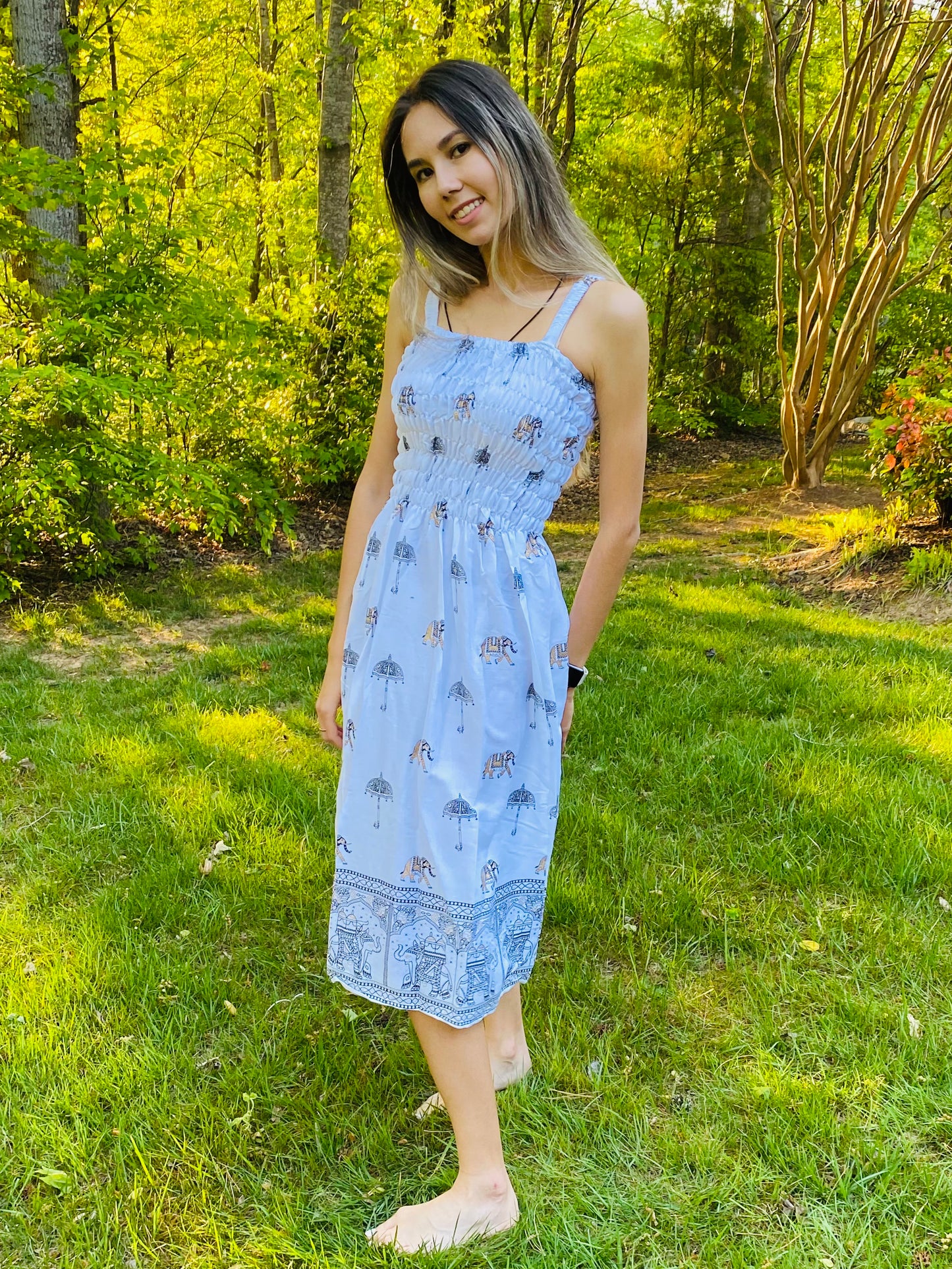 SUMMER DRESS- WHITE WITH ELEPHANT BLOCK PRINT