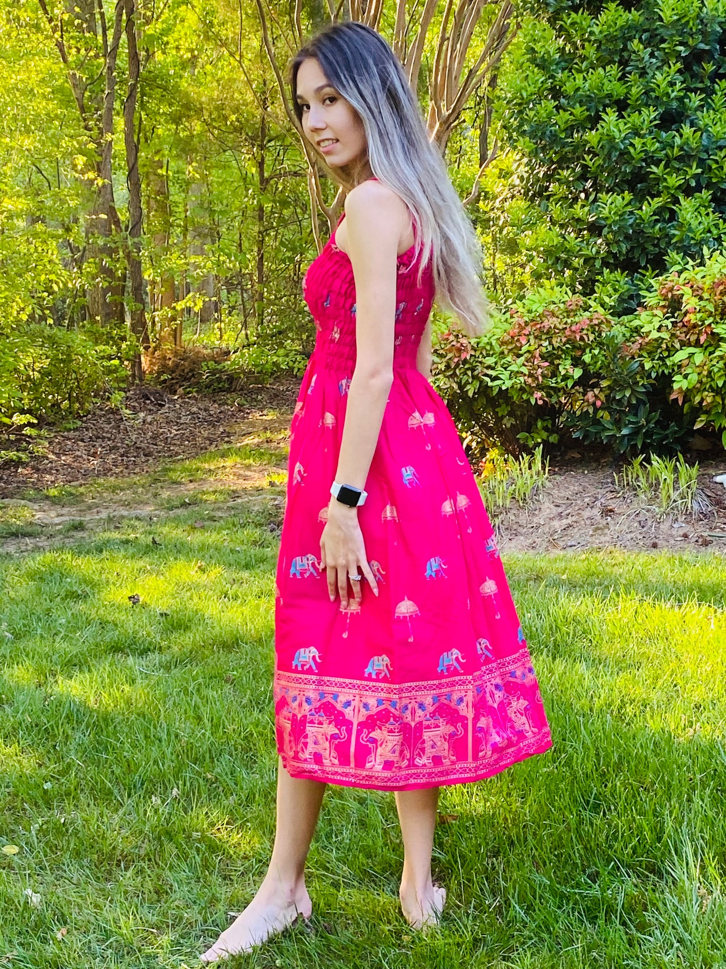 SUMMER DRESS- HOT PINK WITH ELEPHANT BLOCK PRINT