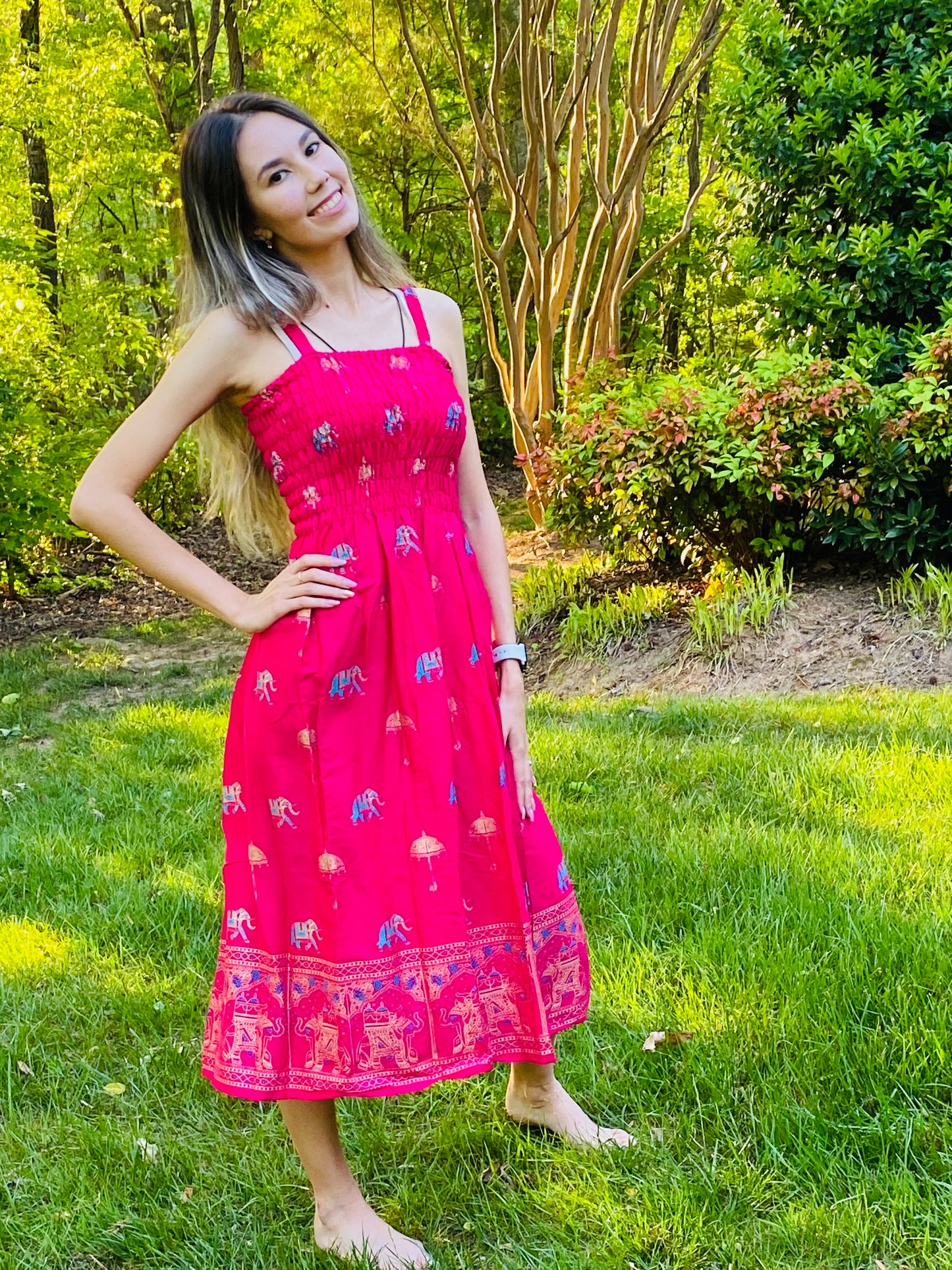 SUMMER DRESS- HOT PINK WITH ELEPHANT BLOCK PRINT