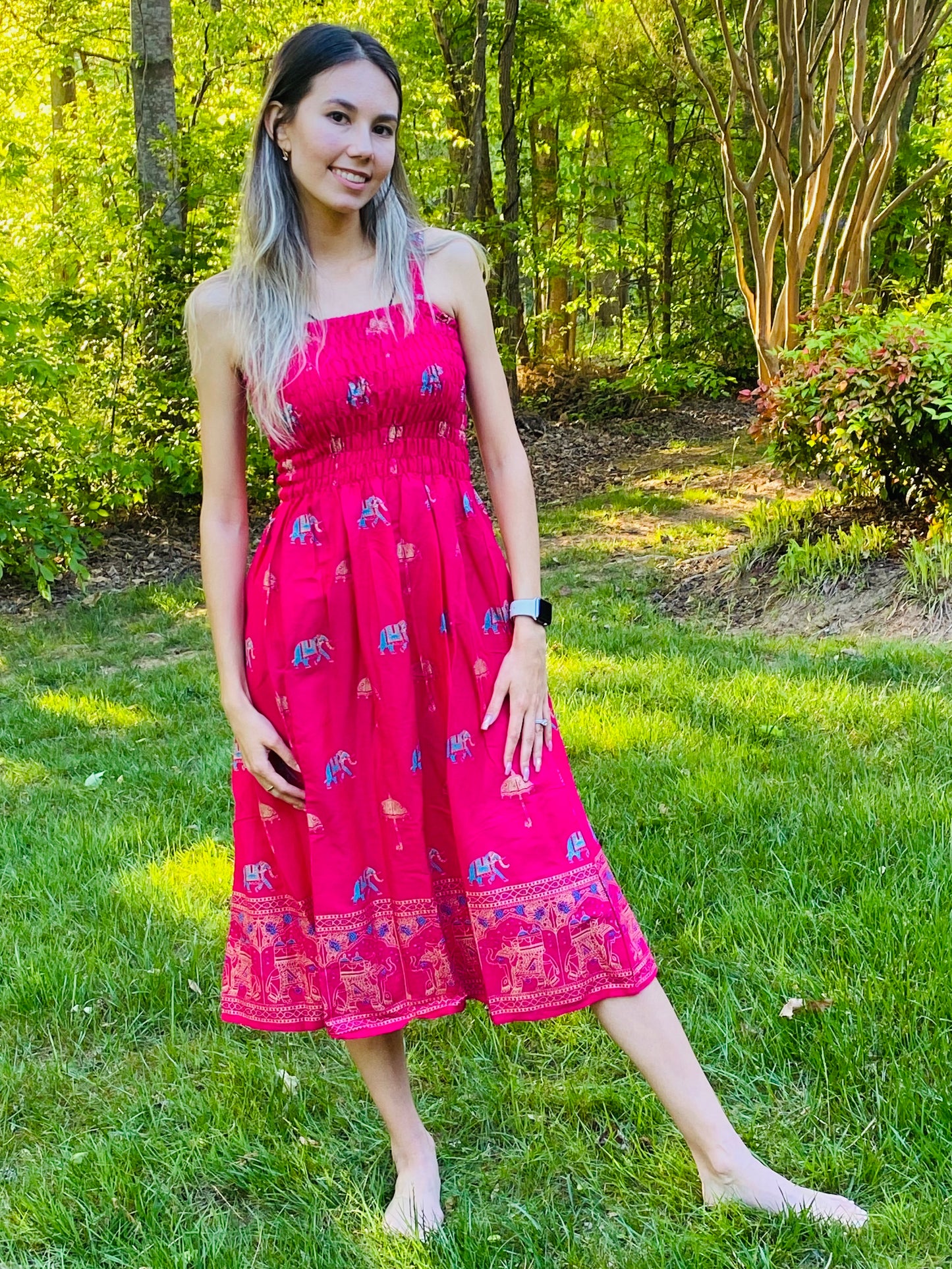 SUMMER DRESS- HOT PINK WITH ELEPHANT BLOCK PRINT