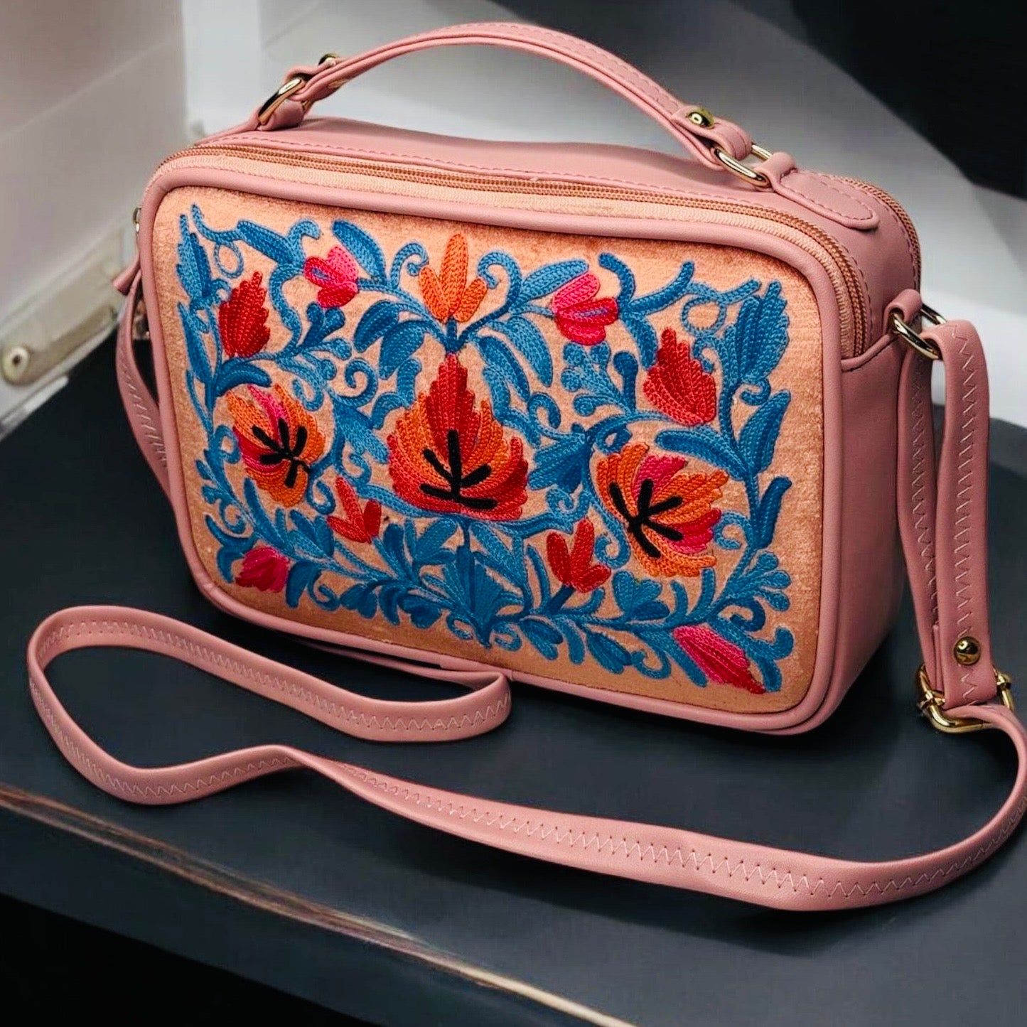LEATHER SLING BAG & PURSE WITH VELVET BACKGROUND; VELVET PEACH BACKGROUND WITH FIRE RED AND BLUE FLOWERS