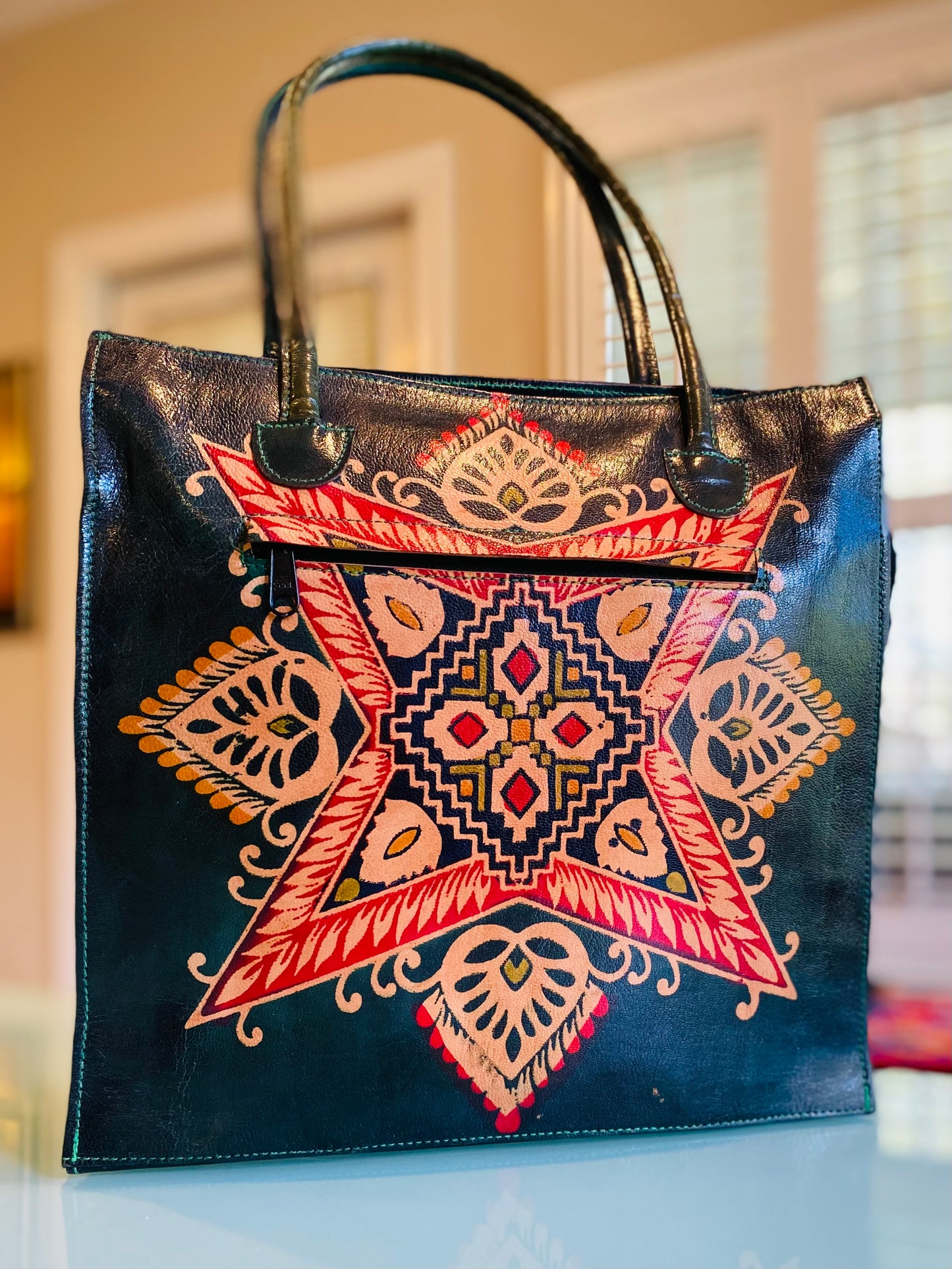 LEATHER PURSE forest green with star (Large)