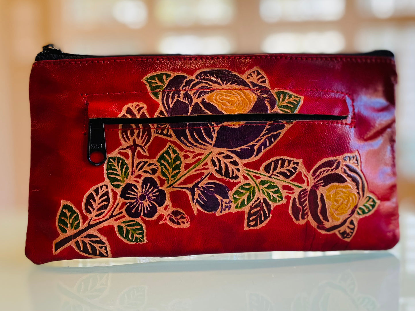 LEATHER WALLET/POUCH RED WITH FLOWERS