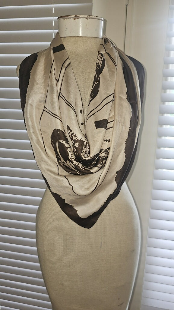 100% Silk Brown Floral with Cream Background Scarf
