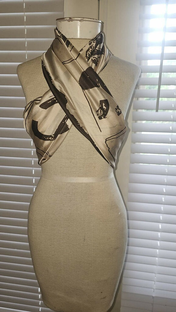 100% Silk Brown Floral with Cream Background Scarf