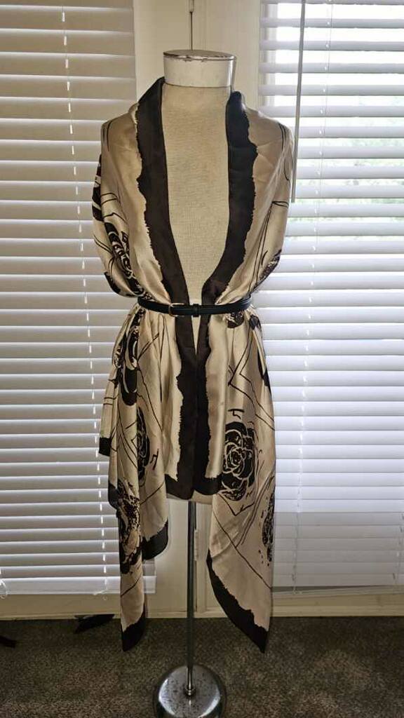 100% Silk Brown Floral with Cream Background Scarf