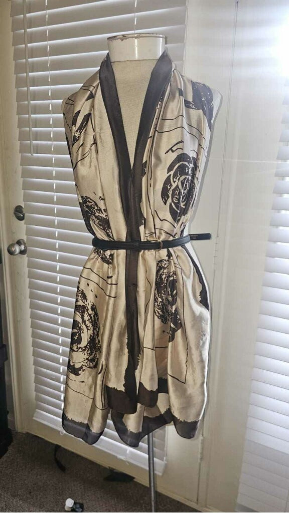 100% Silk Brown Floral with Cream Background Scarf