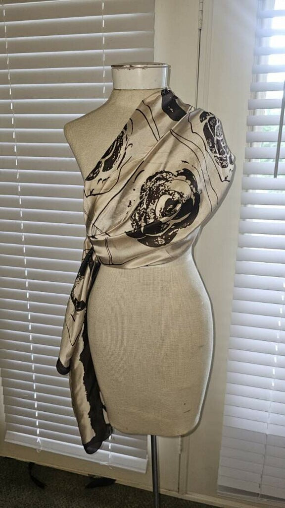 100% Silk Brown Floral with Cream Background Scarf
