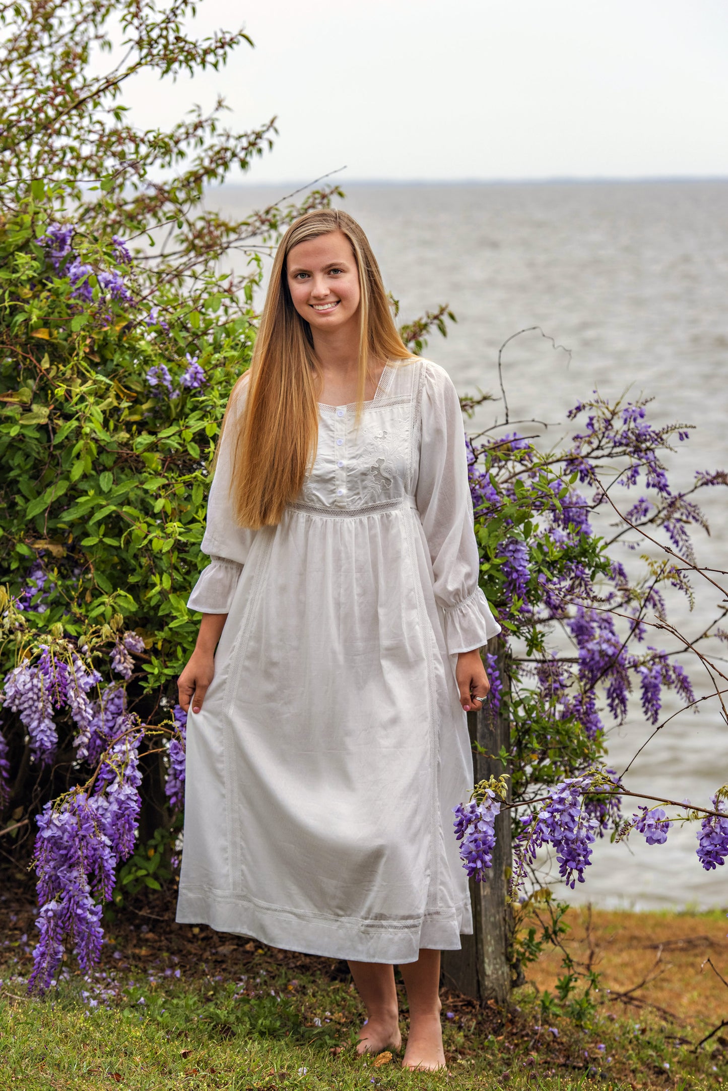 Long Sleeve Embroidered Ivory Night Gown