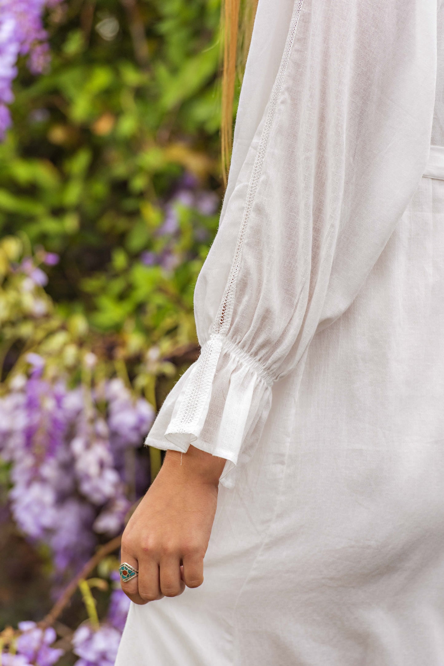 Long Sleeve Embroidered Ivory Night Gown