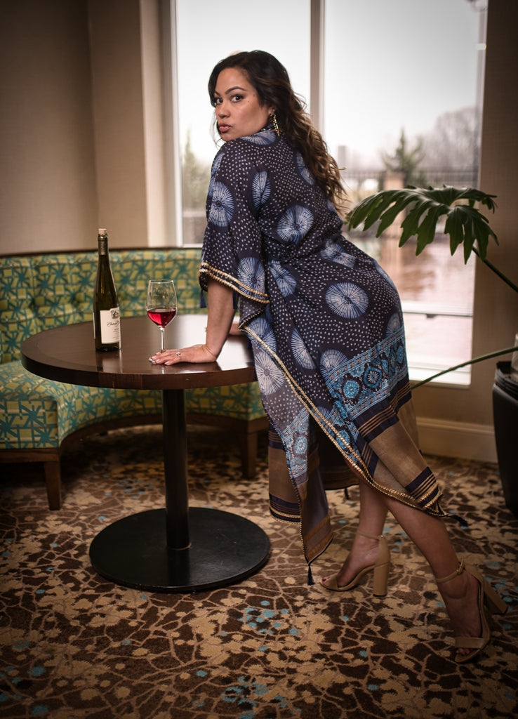 LW-1013-NIK Silk Resort-wear with blue chakras and gold border