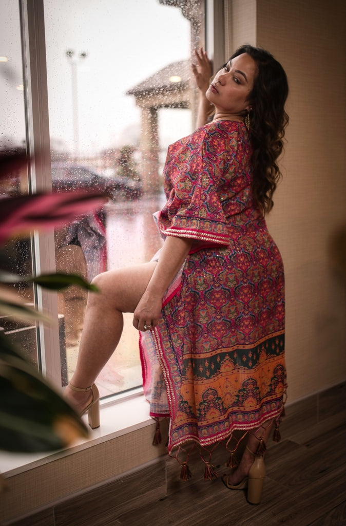 LW-1014-NIK Silk Resort-wear geometric with saffron border
