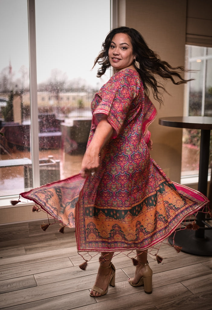 LW-1014-NIK Silk Resort-wear geometric with saffron border