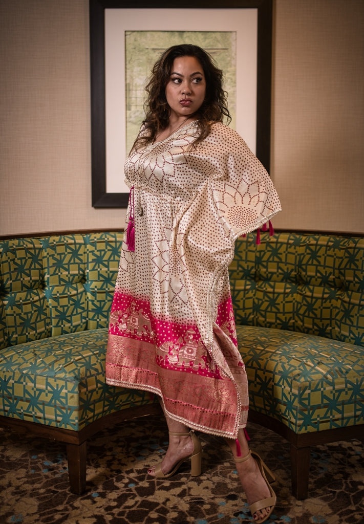 LW-1017-NIK Silk Resort-wear cream and pink with graceful elephant border