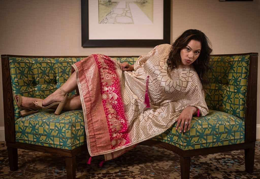 LW-1017-NIK Silk Resort-wear cream and pink with graceful elephant border