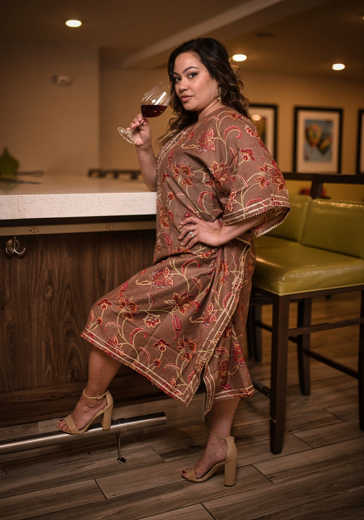 LW-1019-NIK Silk Resort-wear taupe with red floral design