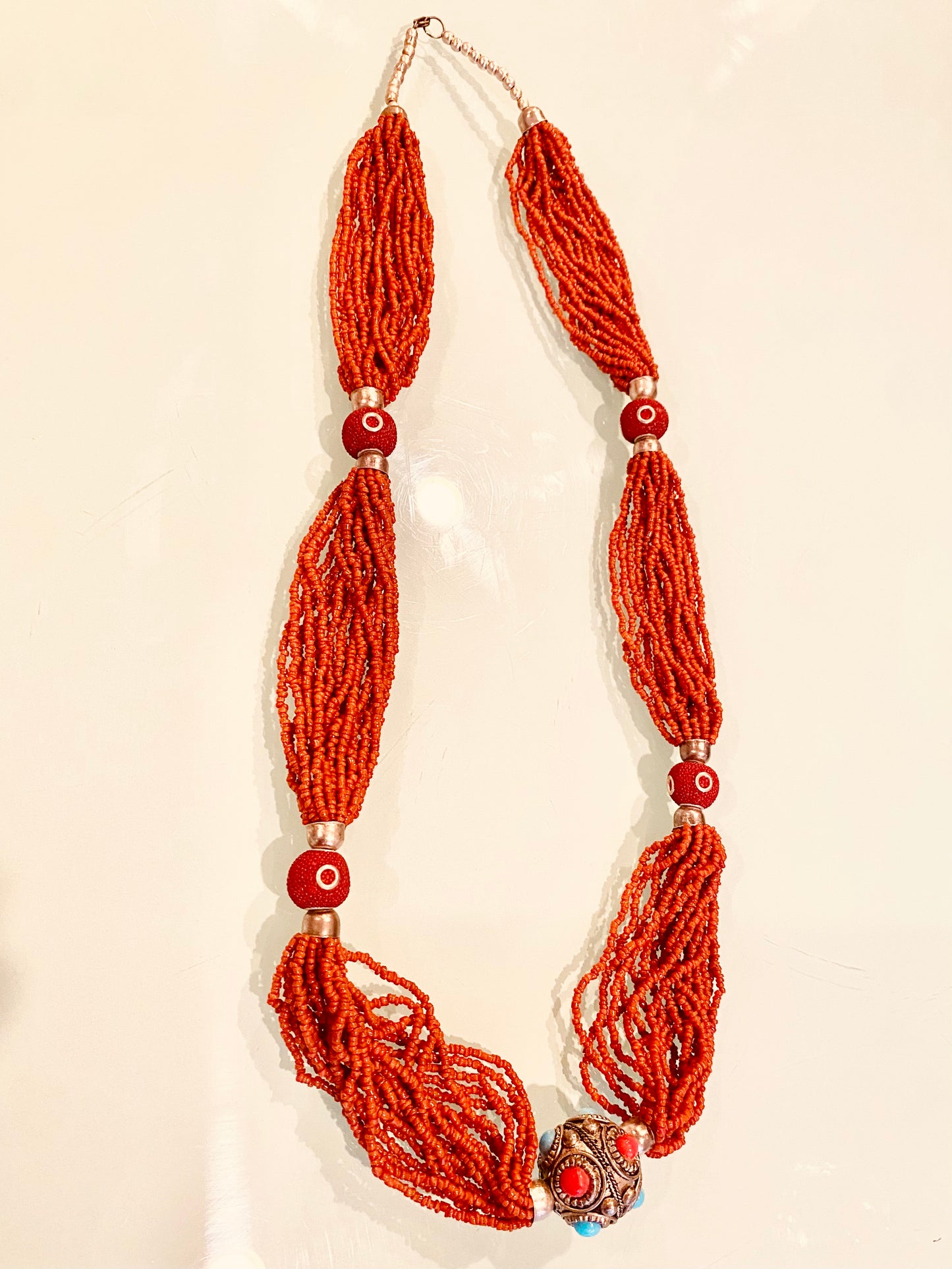 BRICK COLORED BEADED NECKLACE WITH SILVER BALL PENDANT 11 in. / SB005