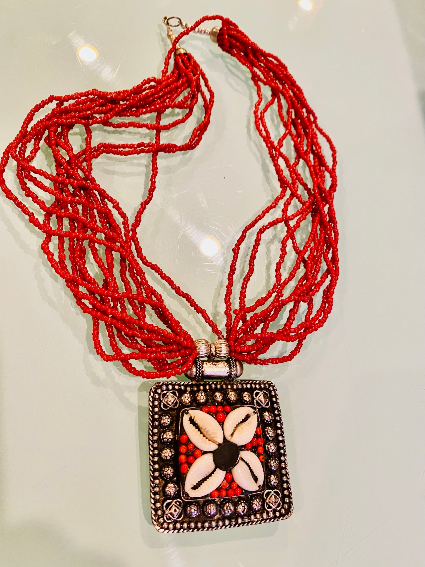 BRICK COLORED BEADED NECKLACE WITH SQUARE PENDANT 11 in. / SB004