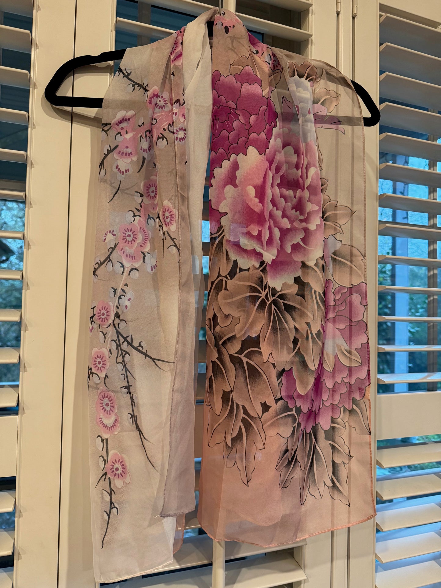 Japanese Charcoal with Pink Floral Sheer Scarf