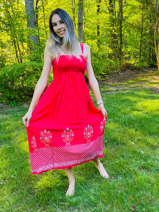 SUMMER DRESS- RED FLORAL WITH DIAMOND BORDER
