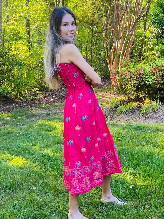 SUMMER DRESS- HOT PINK WITH ELEPHANT BLOCK PRINT