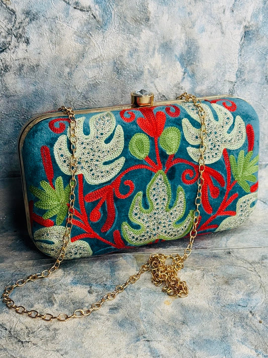 EMBROIDERED VELVET PURSE - TEAL BACKGROUND WITH MINT GREEN, SILVER AND FIRE RED DESIGN