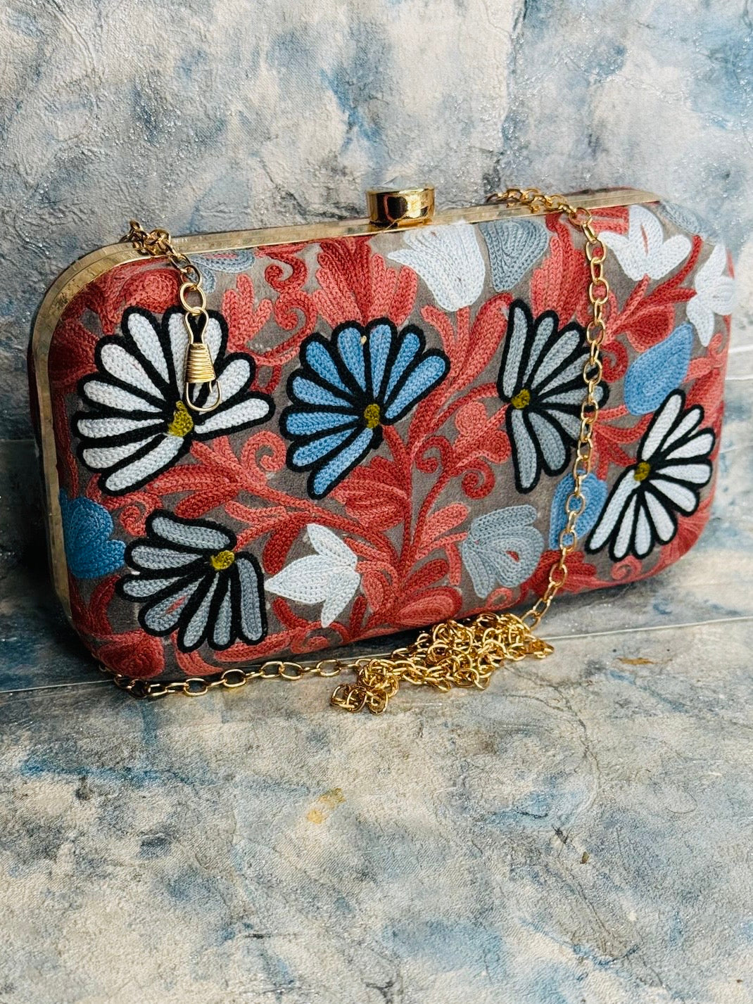 EMBROIDERED VELVET PURSE - GRAY BACKGROUND WITH RUST, BLUE AND WHITE FLORALS