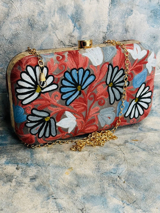 EMBROIDERED VELVET PURSE - GRAY BACKGROUND WITH RUST, BLUE AND WHITE FLORALS