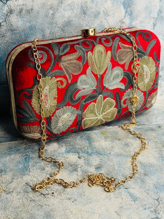 EMBROIDERED VELVET PURSE - RED VELVET BACKGROUND WITH KHAKI GRAYS AND TANS
