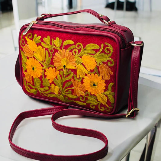 LEATHER SLING BAG & PURSE WITH VELVET BACKGROUND; BURGUNDY WITH GOLD FLORAL TONES