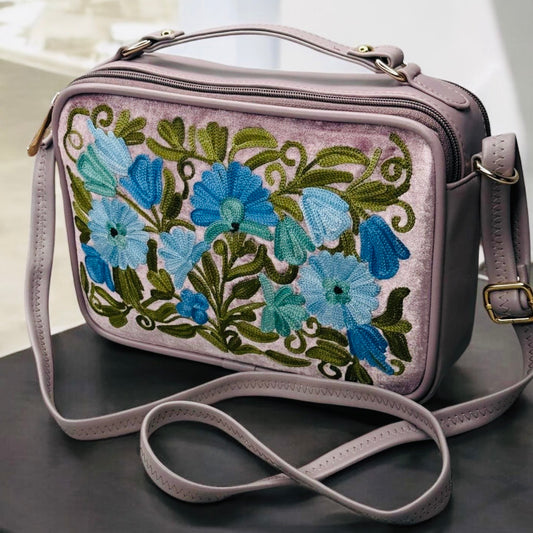 LEATHER SLING BAG & PURSE WITH VELVET BACKGROUND; MAUVE BACKGROUND WITH BLUES AND GREENS