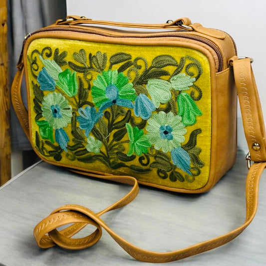 LEATHER SLING BAG & PURSE WITH VELVET BACKGROUND; MUTED YELLOW VELVET BACKGOUND WITH GREEN AND BLUE FLOWERS
