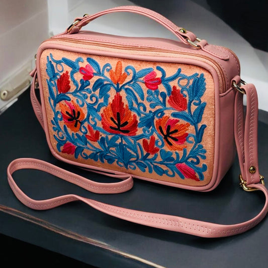 LEATHER SLING BAG & PURSE WITH VELVET BACKGROUND;  VELVET PEACH BACKGROUND WITH FIRE RED AND BLUE FLOWERS