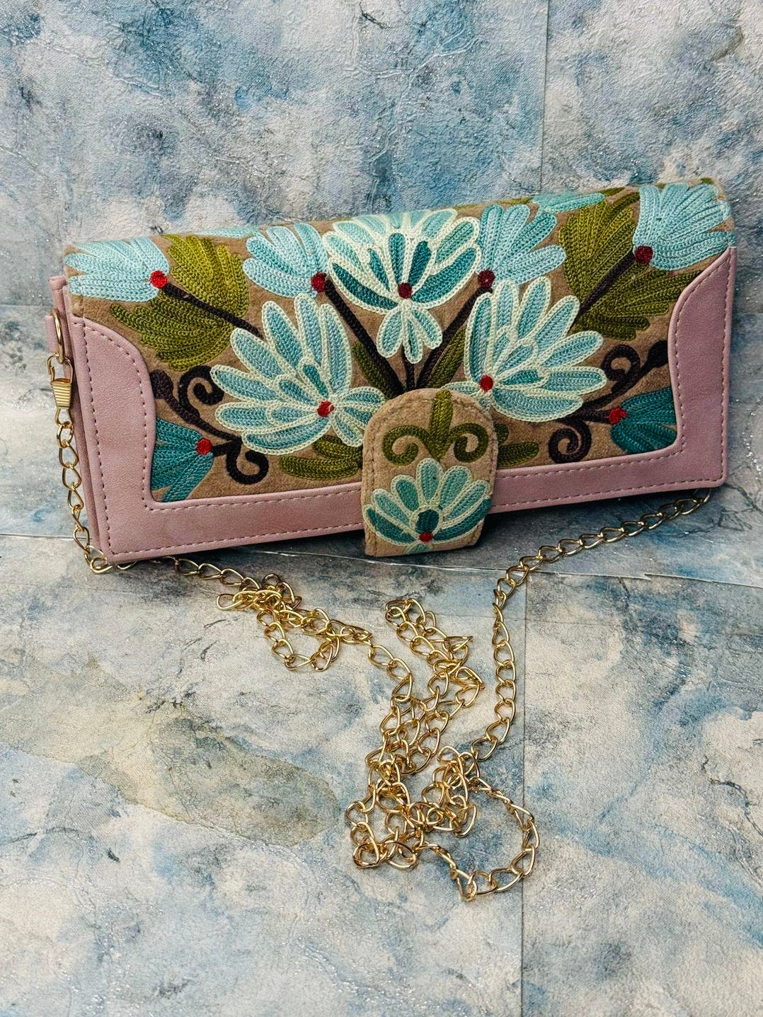 LEATHER WALLET WITH EMBROIDERY; MUTED PINK WITH BLUE FLOWERS