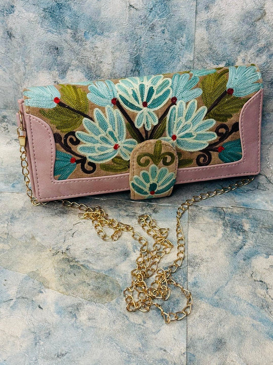LEATHER WALLET WITH EMBROIDERY; MUTED PINK WITH BLUE FLOWERS