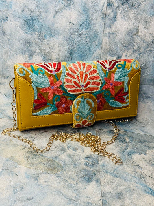 LEATHER WALLET WITH EMBROIDERY; MUSTARD WITH ORANGE AND TEAL