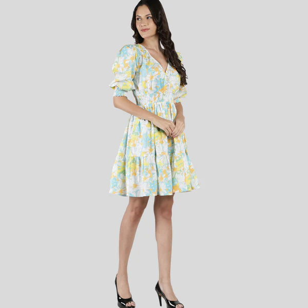 Lucy Floral three quarter length sleeve smocked  dress